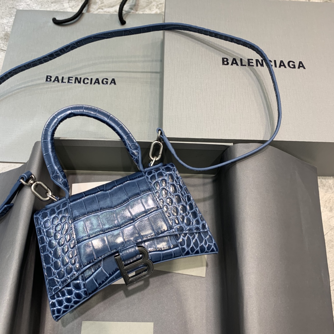 Balenciaga Hourglass XS Handbag Crocodile Embossed Shoulder Bag Gray Blue